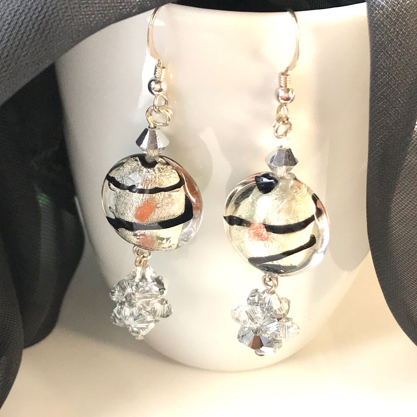 Black and clear round real Murano glass drop earrings