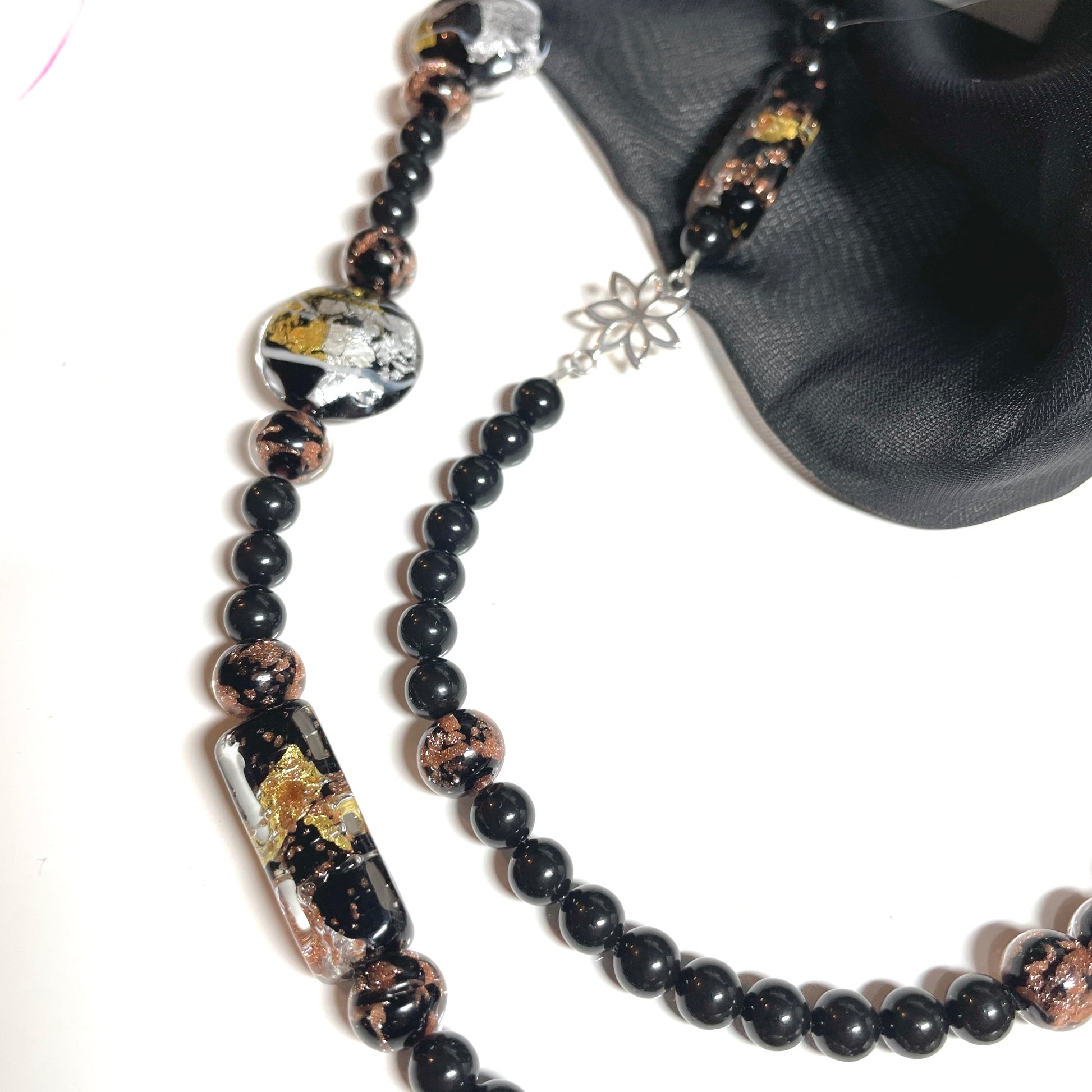 Black and gold leaf beaded necklace