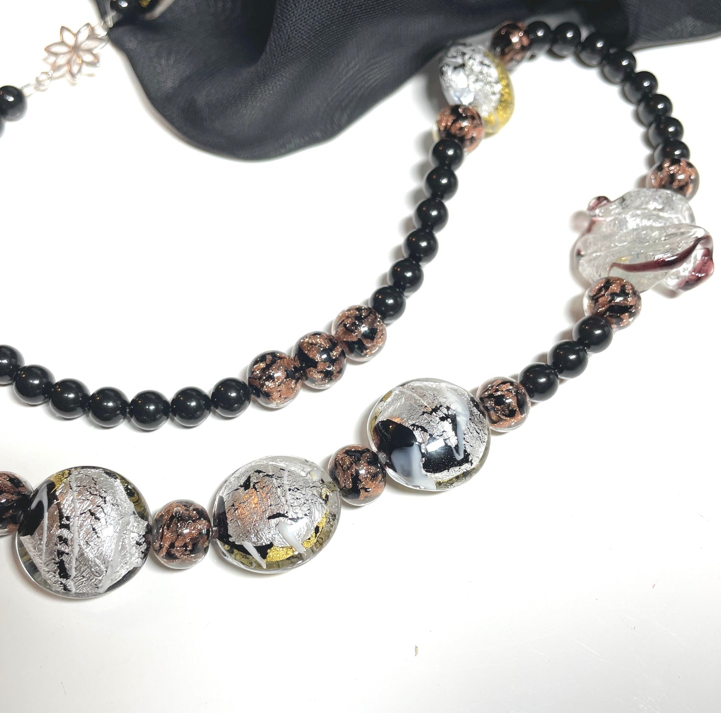 Unique black beaded Murano glass necklace