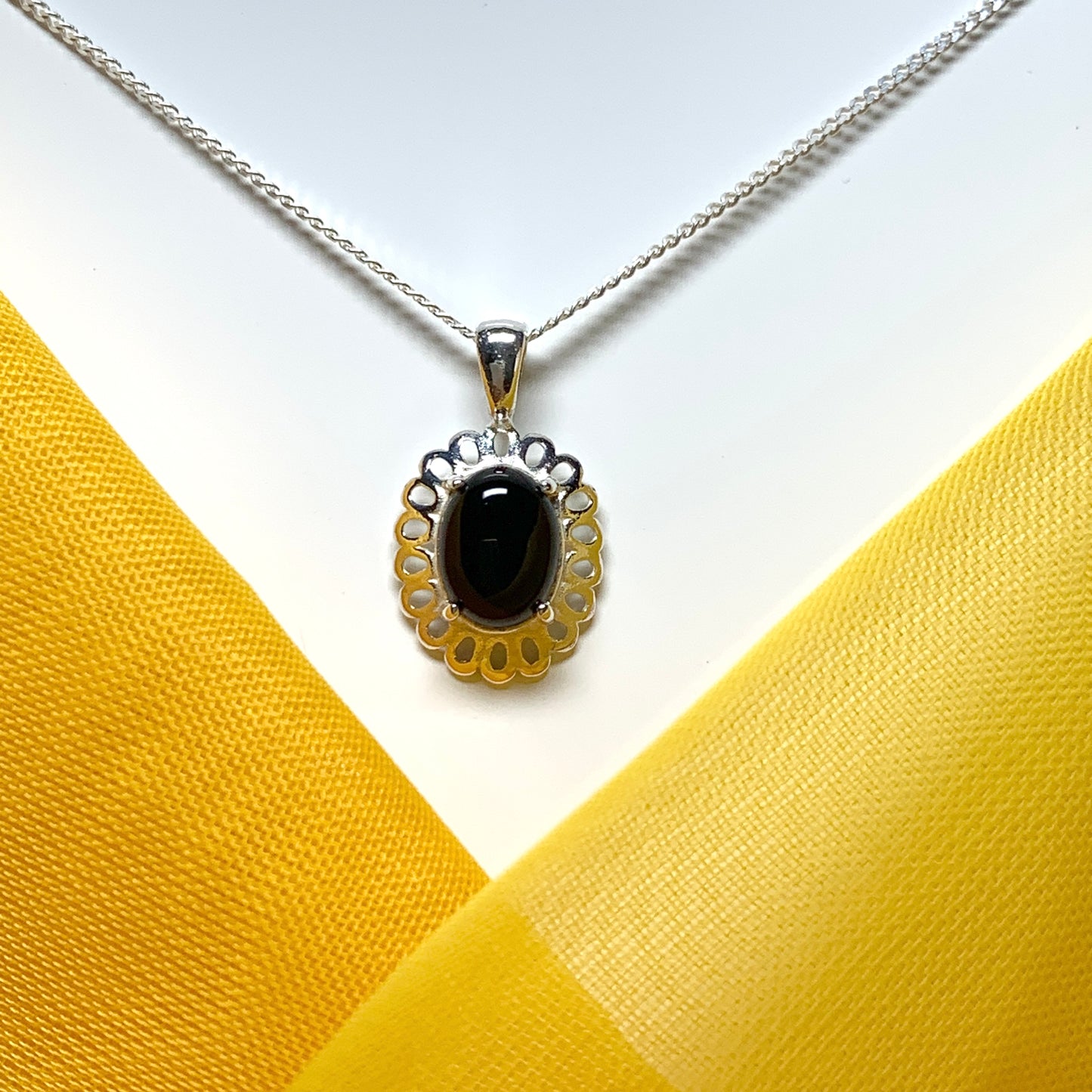 Black onyx oval sterling silver necklace