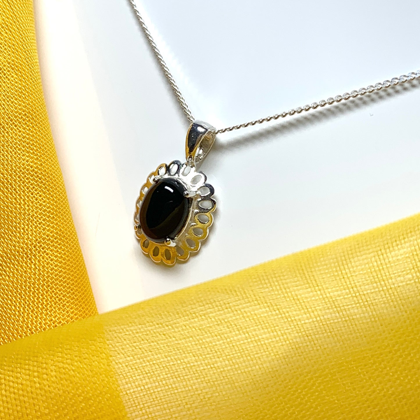 Black onyx oval sterling silver necklace