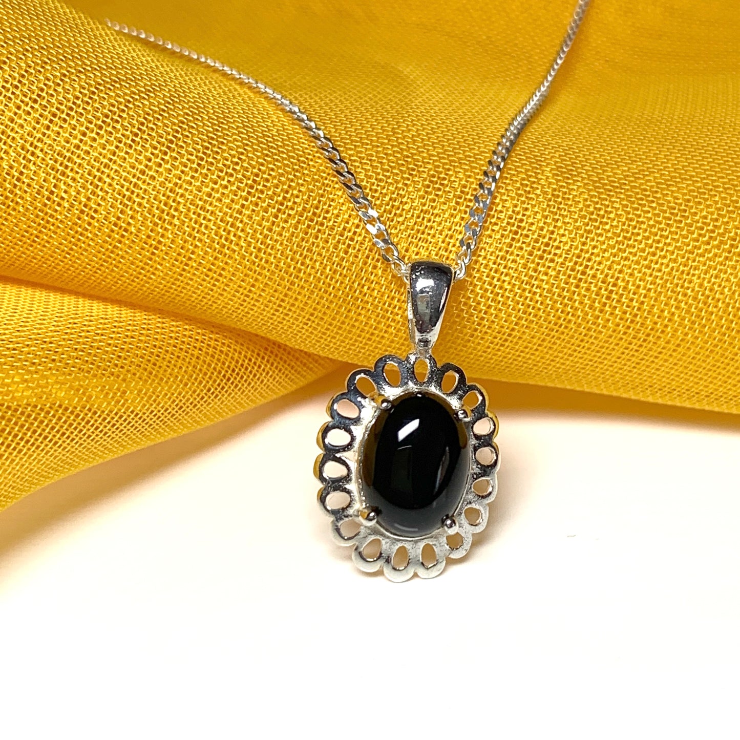 Black onyx oval sterling silver necklace