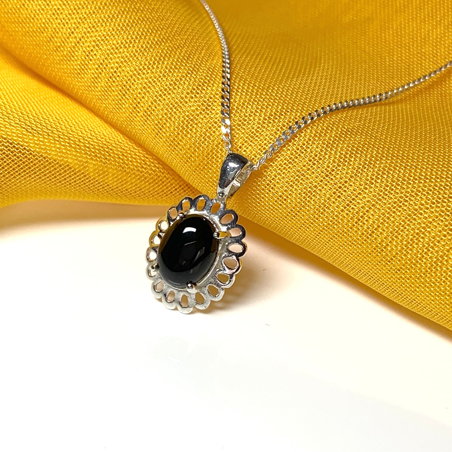 Black onyx oval sterling silver necklace