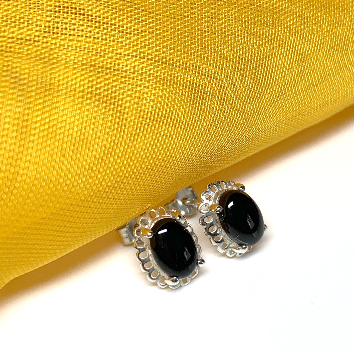 Black onyx oval sterling silver stud earrings