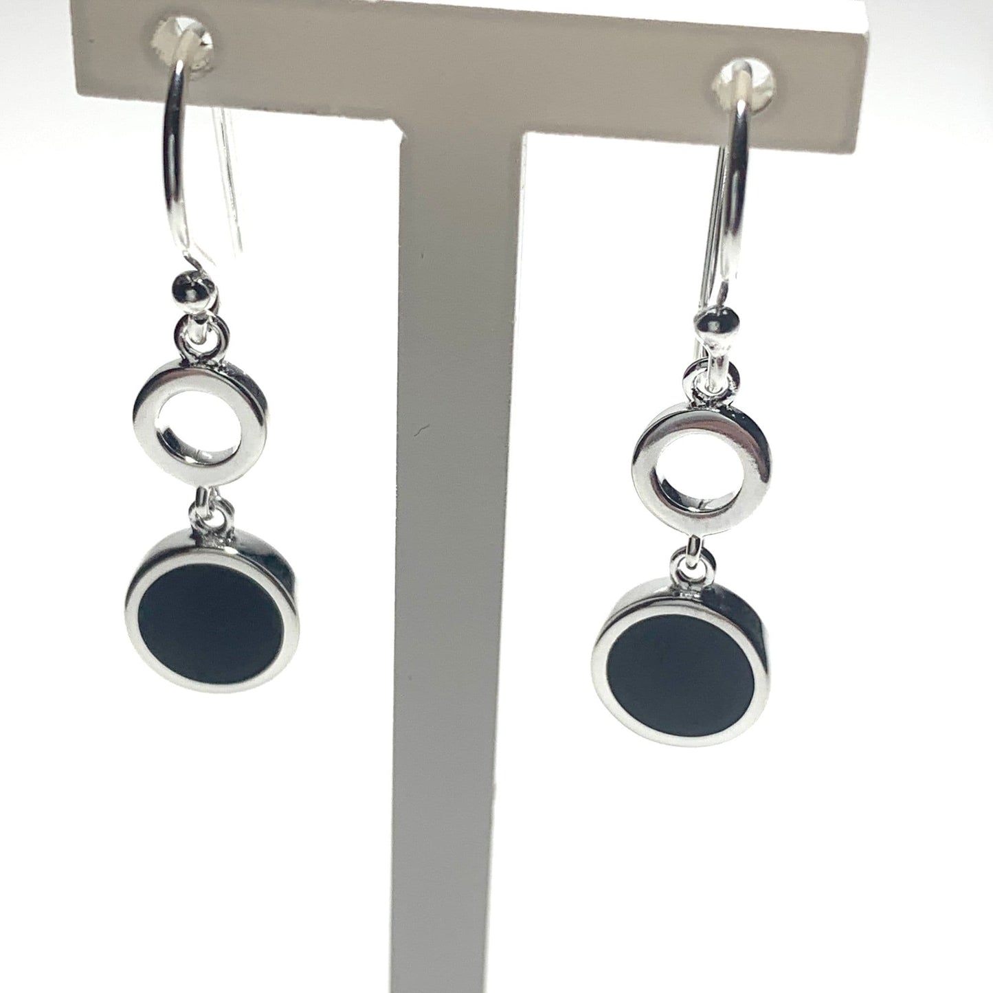 Black onyx round drop earrings sterling silver