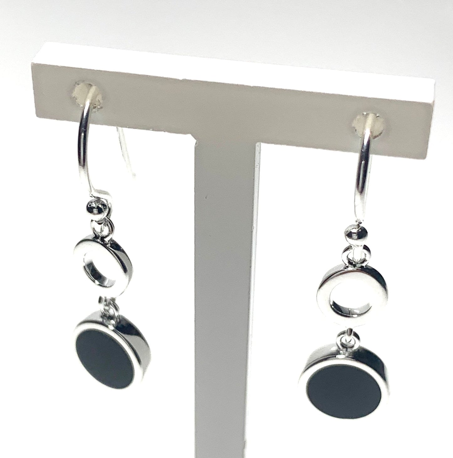 Black onyx round drop earrings sterling silver