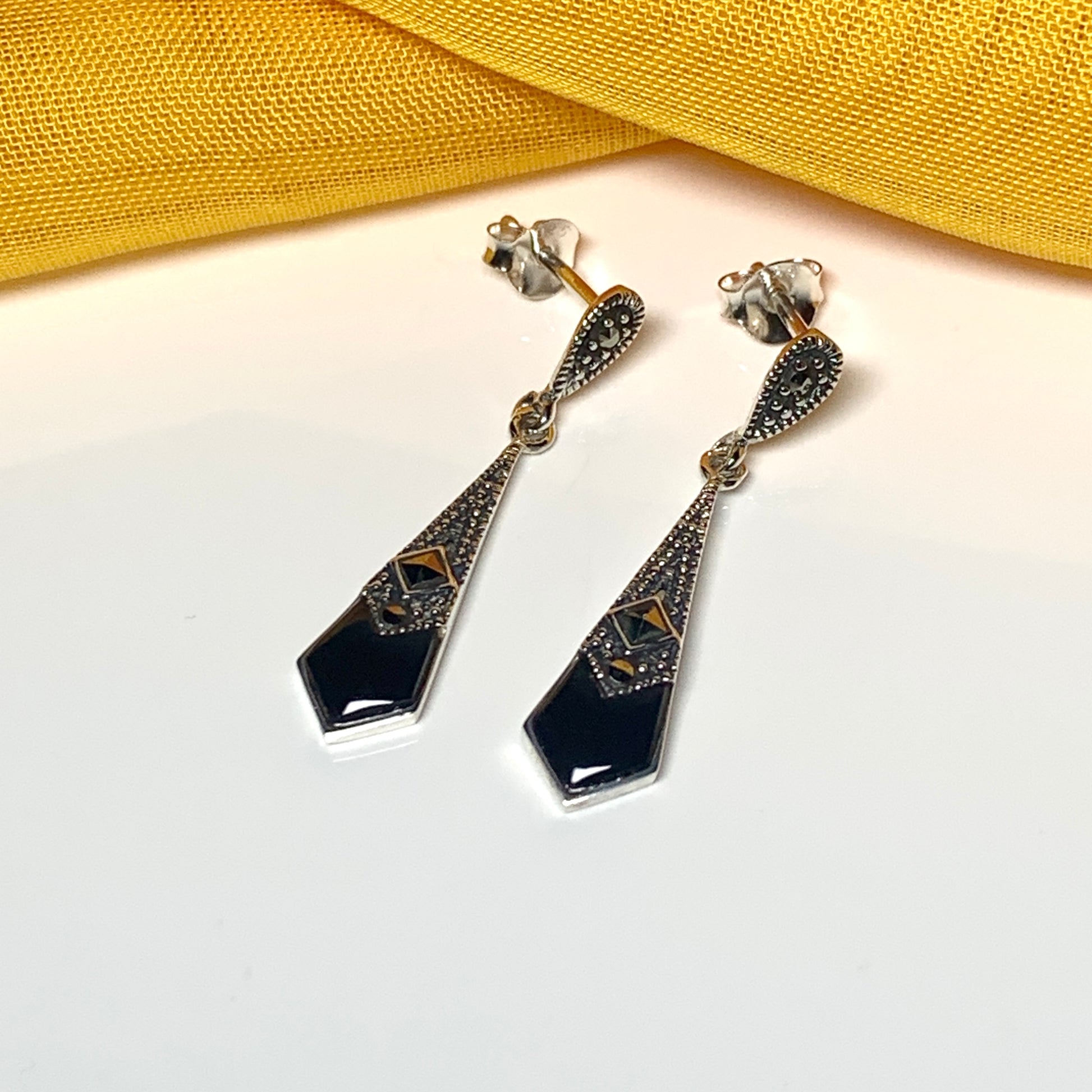 Black agate and marcasite small drop kite shaped earrings sterling silver