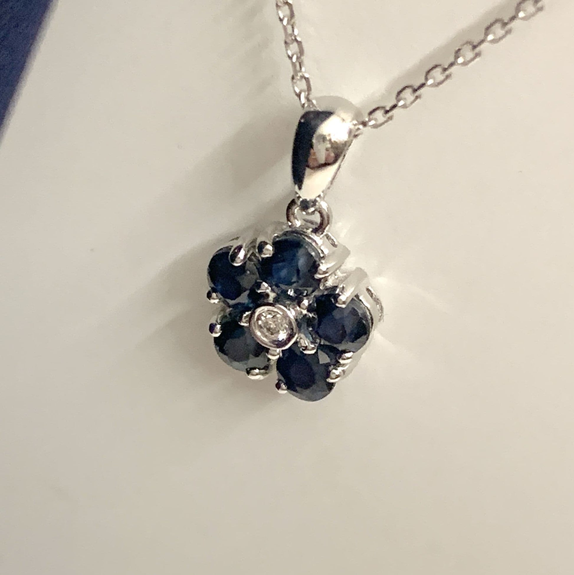 Blue Sapphire And Diamond White Gold Daisy Cluster Necklace