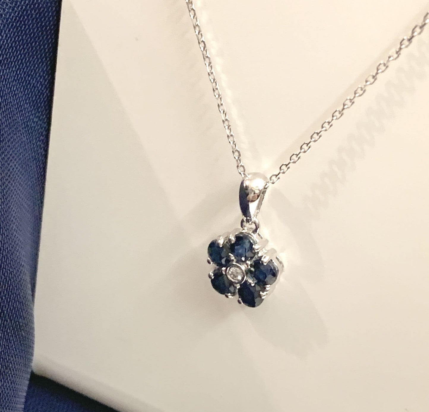 Blue Sapphire And Diamond White Gold Daisy Cluster Necklace