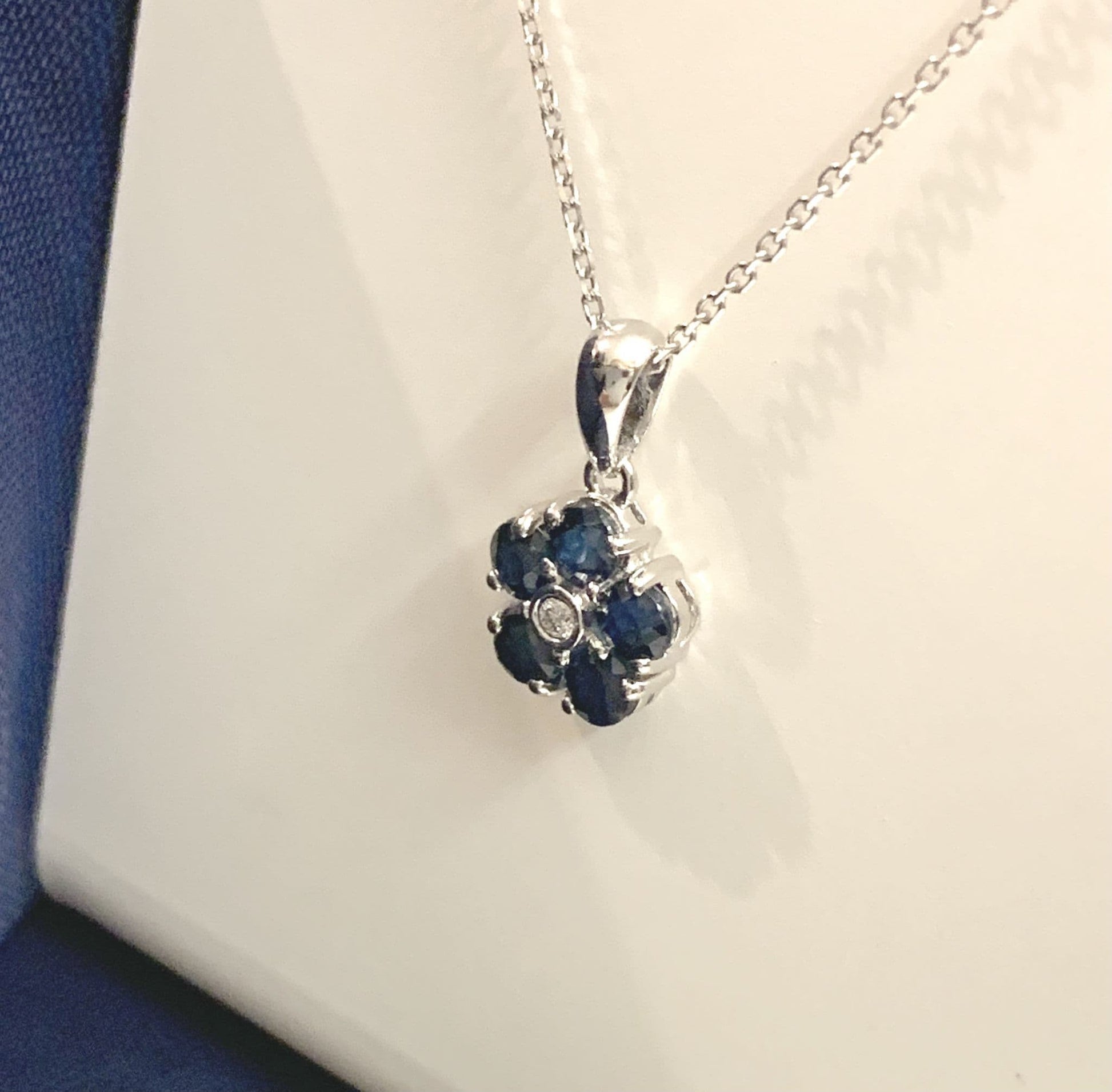 Blue Sapphire And Diamond White Gold Daisy Cluster Necklace