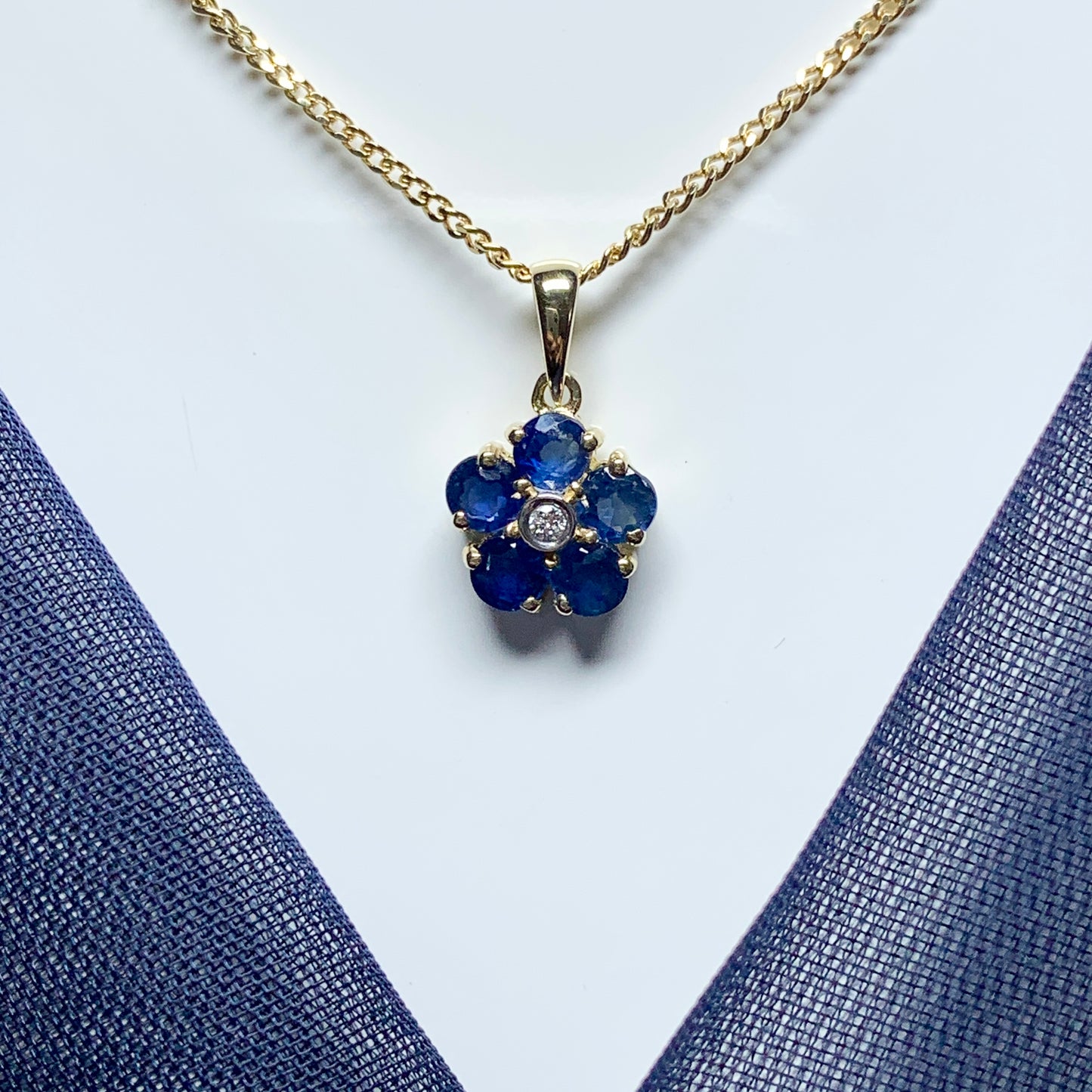 Blue Sapphire And Diamond Yellow Gold Daisy Cluster Necklace