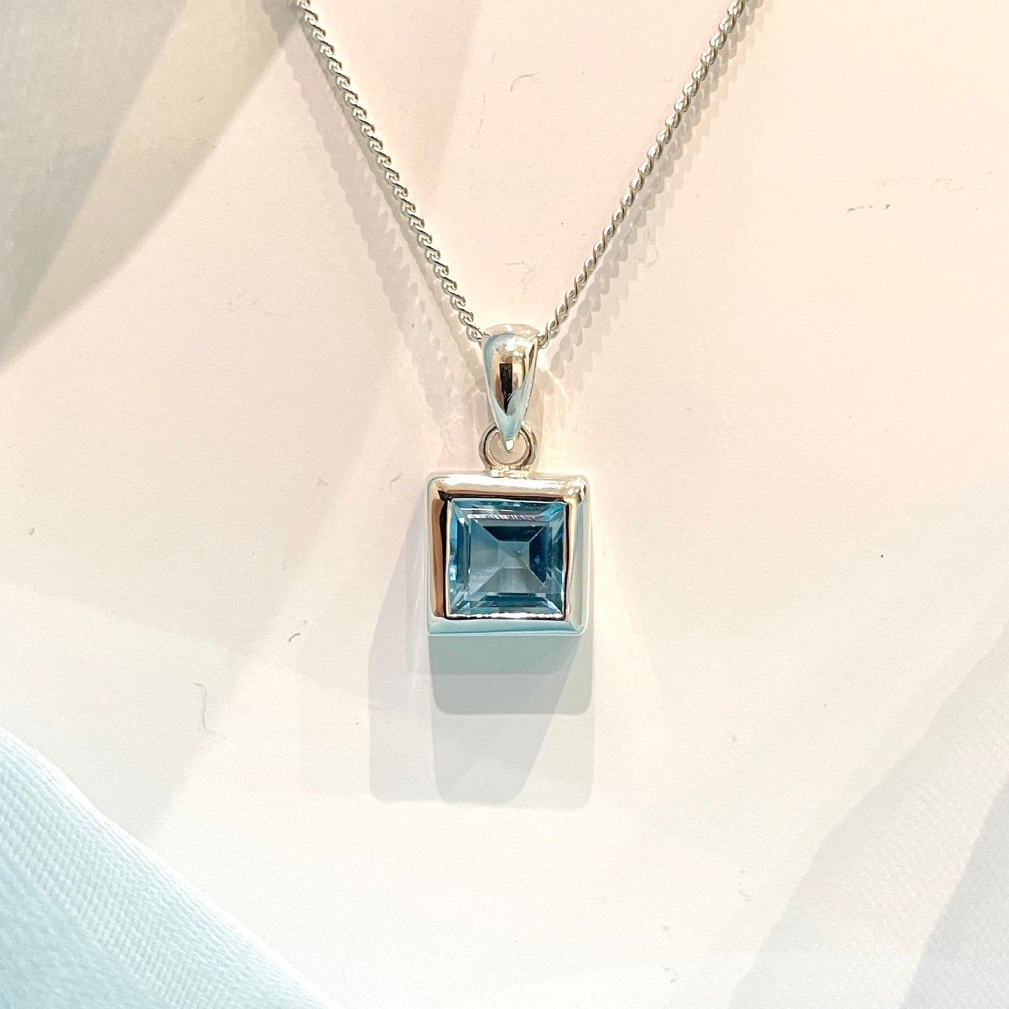 Blue Topaz Square Shaped Sterling Silver Necklace