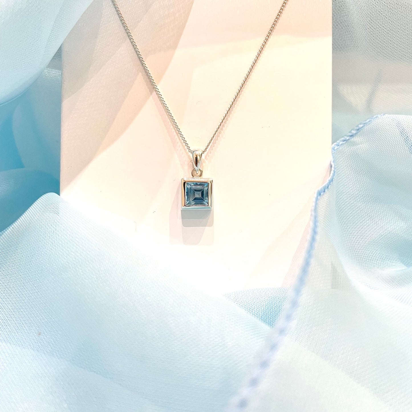 Blue Topaz Square Shaped Sterling Silver Necklace