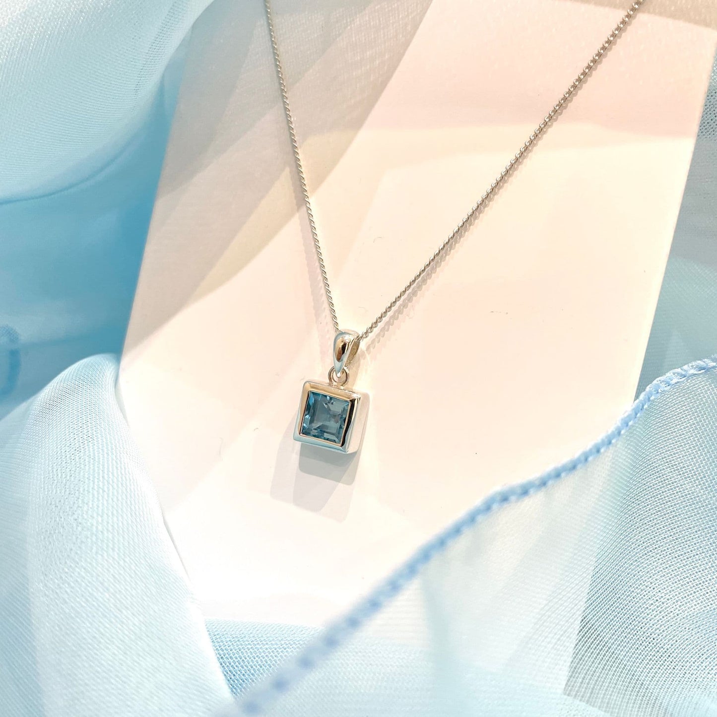 Blue Topaz Square Shaped Sterling Silver Necklace