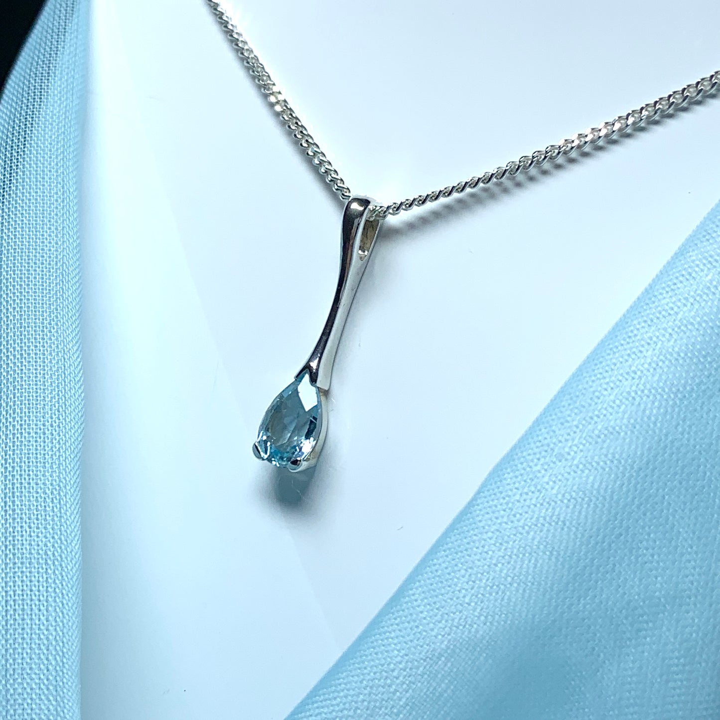 Blue Topaz necklace sterling silver long drop pear shaped pendant