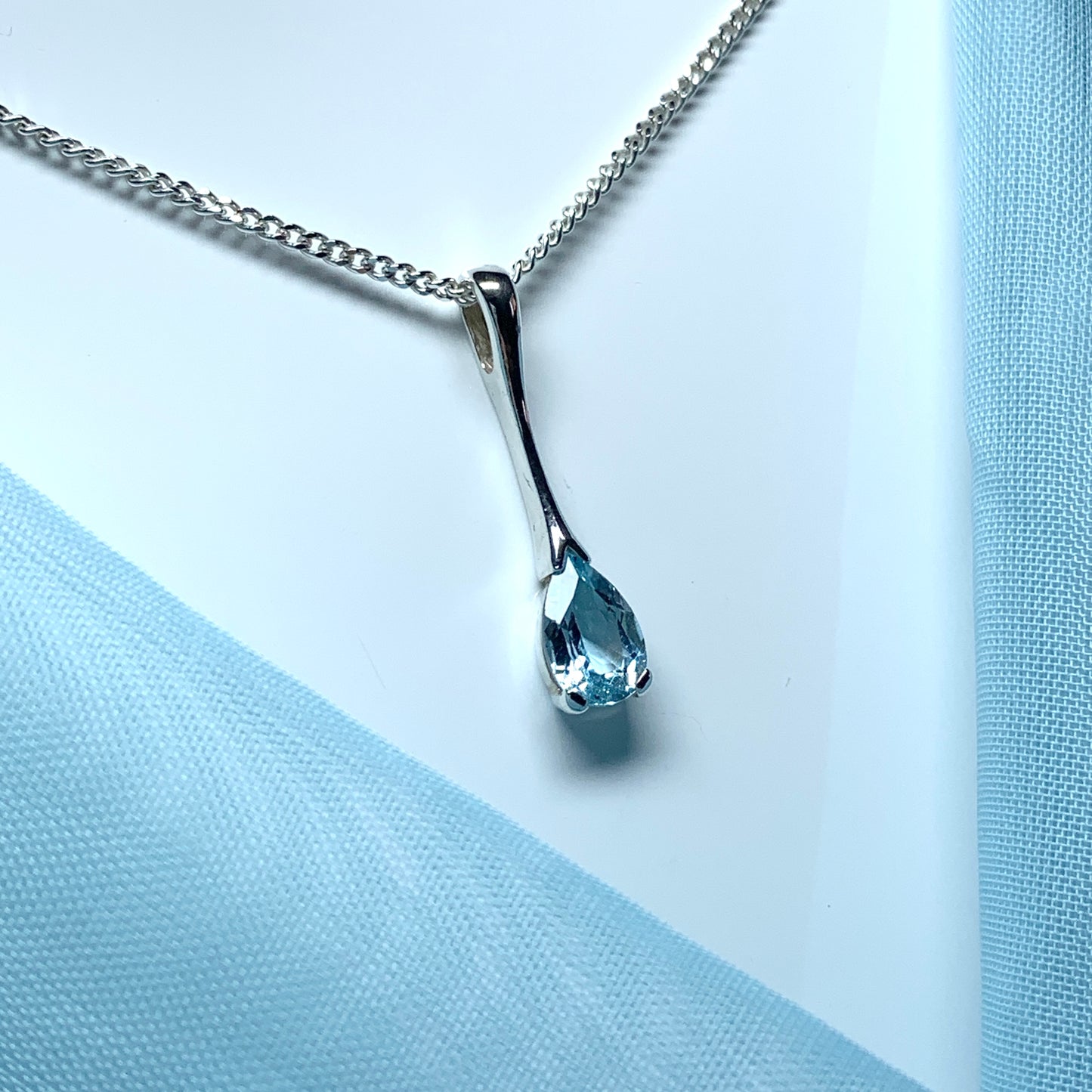Blue Topaz necklace sterling silver long drop pear shaped pendant