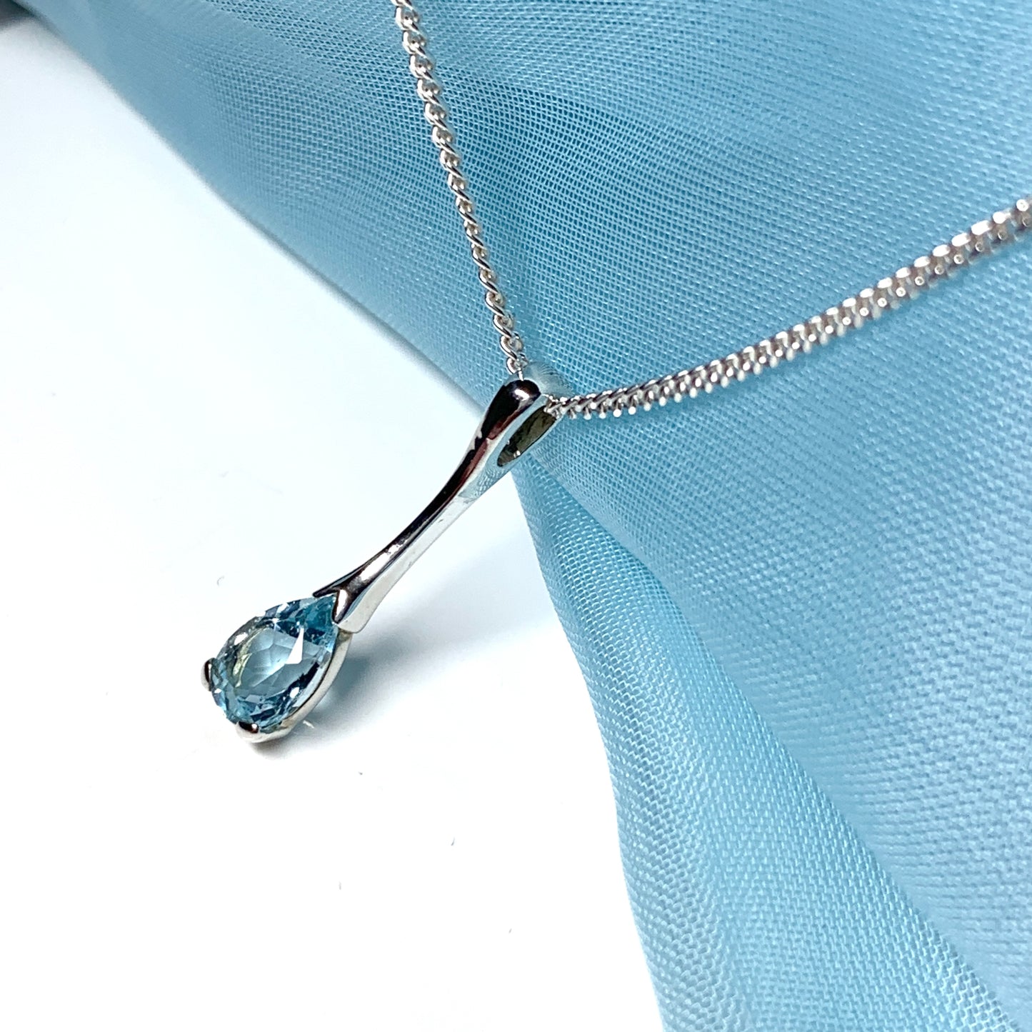 Blue Topaz necklace sterling silver long drop pear shaped pendant