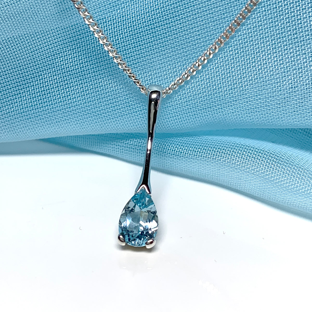 Blue Topaz necklace sterling silver long drop pear shaped pendant