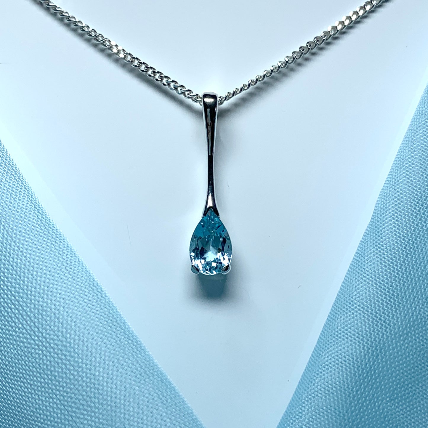 Blue Topaz necklace sterling silver long drop pear shaped pendant