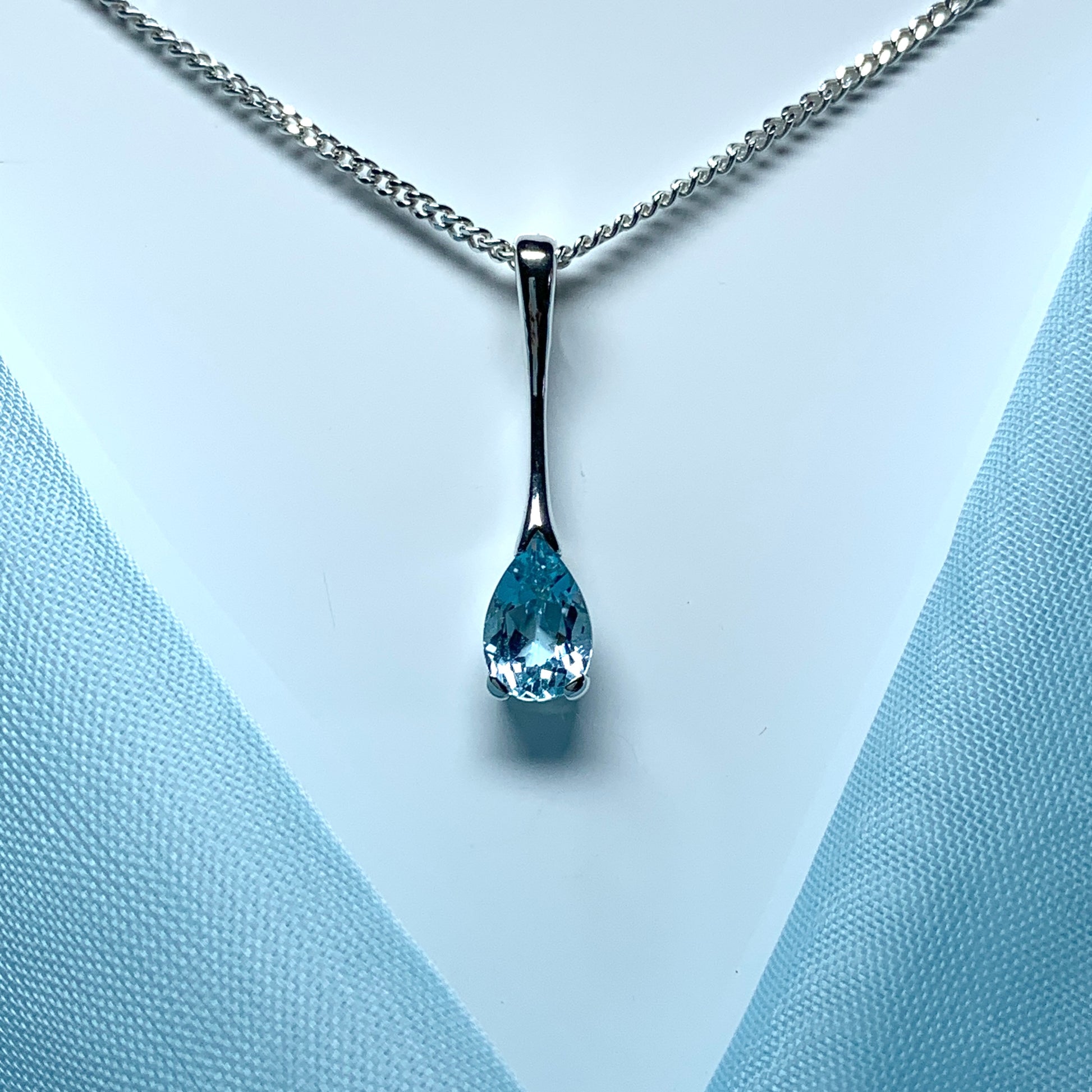 Blue Topaz necklace sterling silver long drop pear shaped pendant