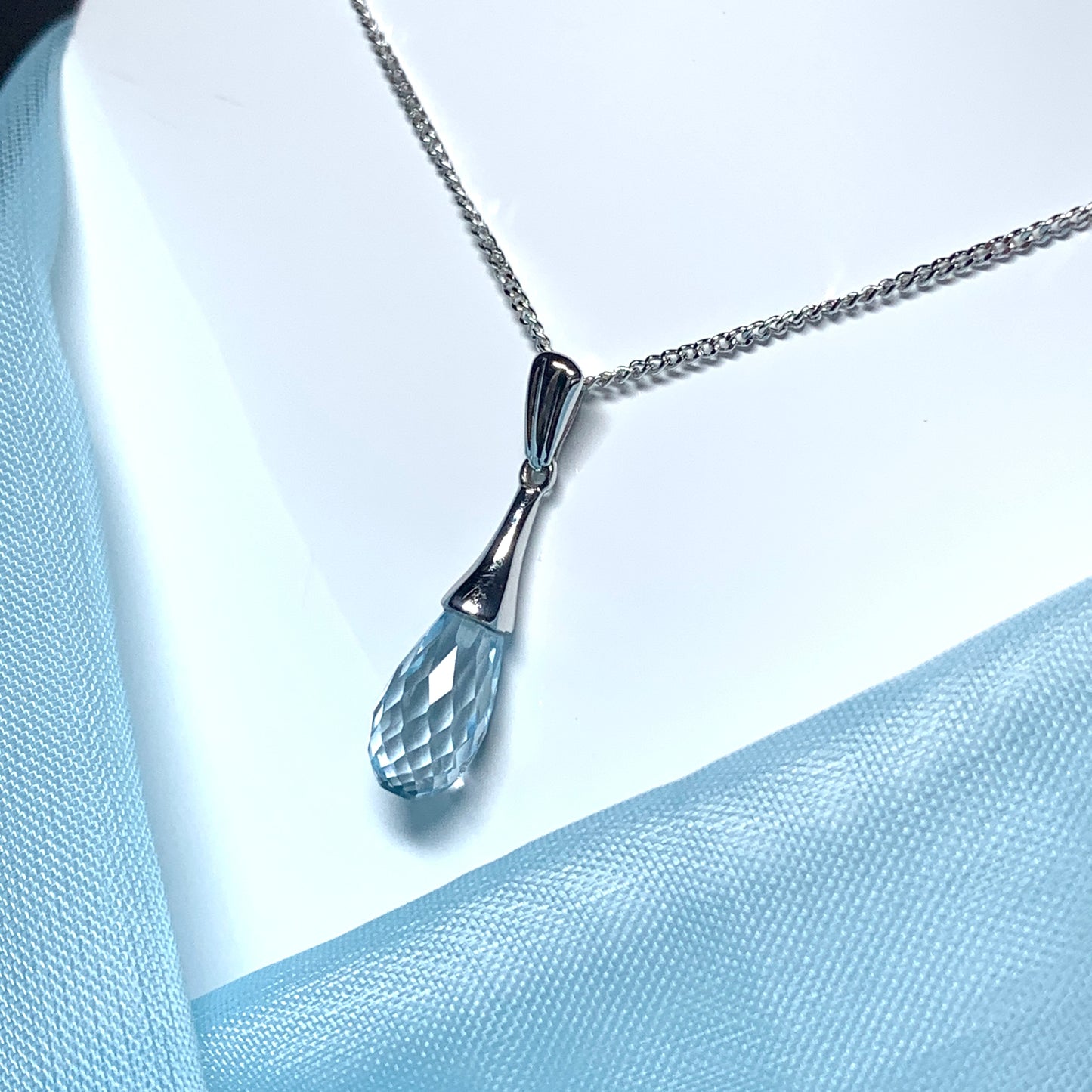 Blue Topaz necklace white gold faceted pendant