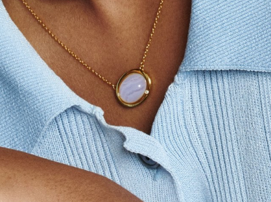 Blue Agate and Diamond Oval White Gold Plated Necklace