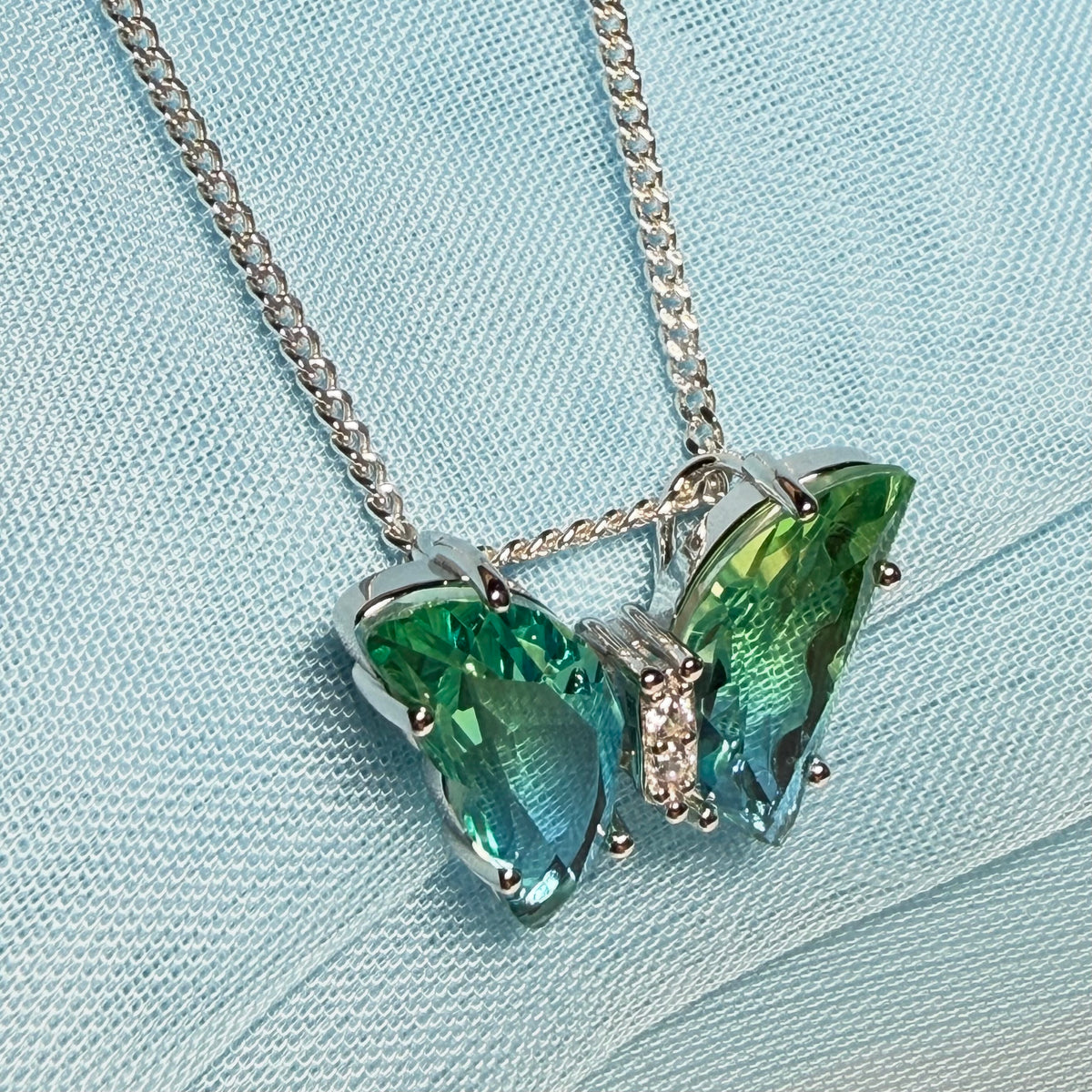 Blue green crystal glass necklace blue butterfly shape pendant sterling silver