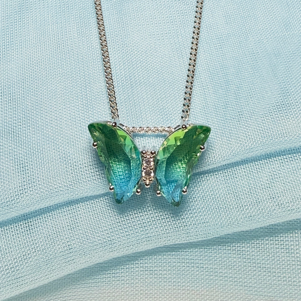 Blue green crystal glass necklace blue butterfly shape pendant sterling silver