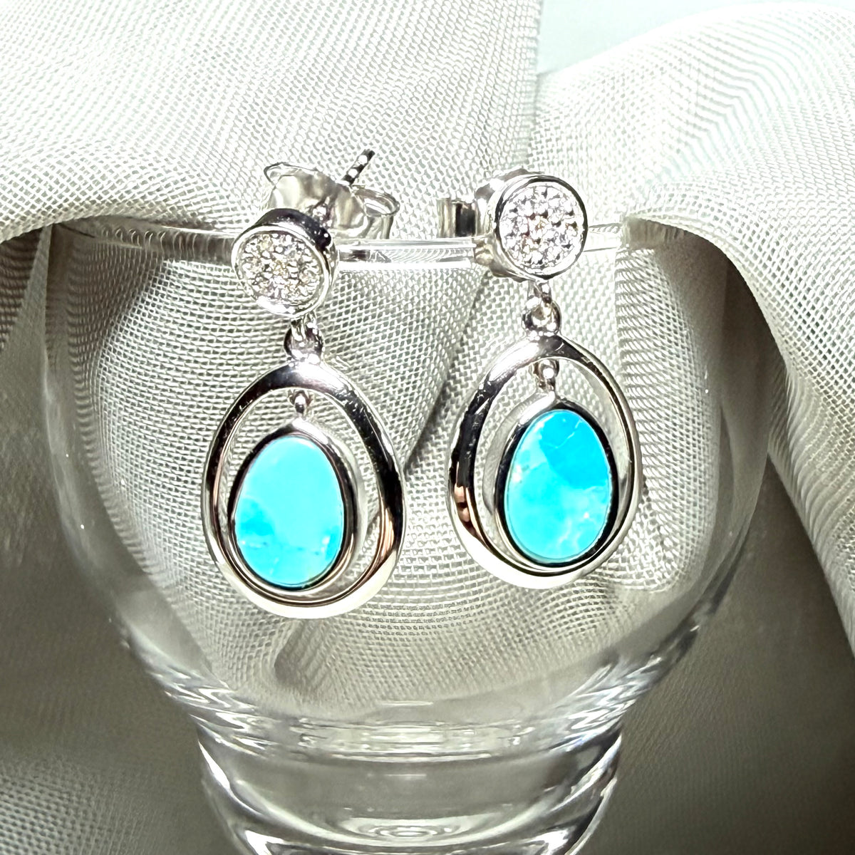 Blue green turquoise oval sterling silver drop earrings double oval