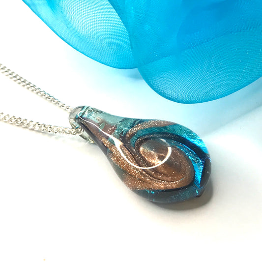 Blue real Murano glass tear drop necklace pendant including chain