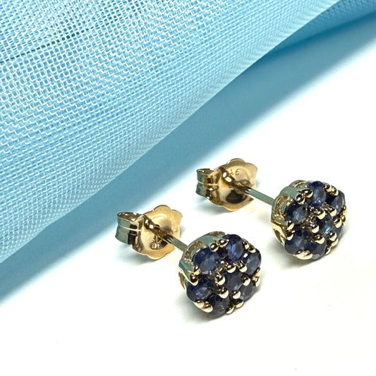 Blue real sapphire yellow gold daisy cluster round stud earrings
