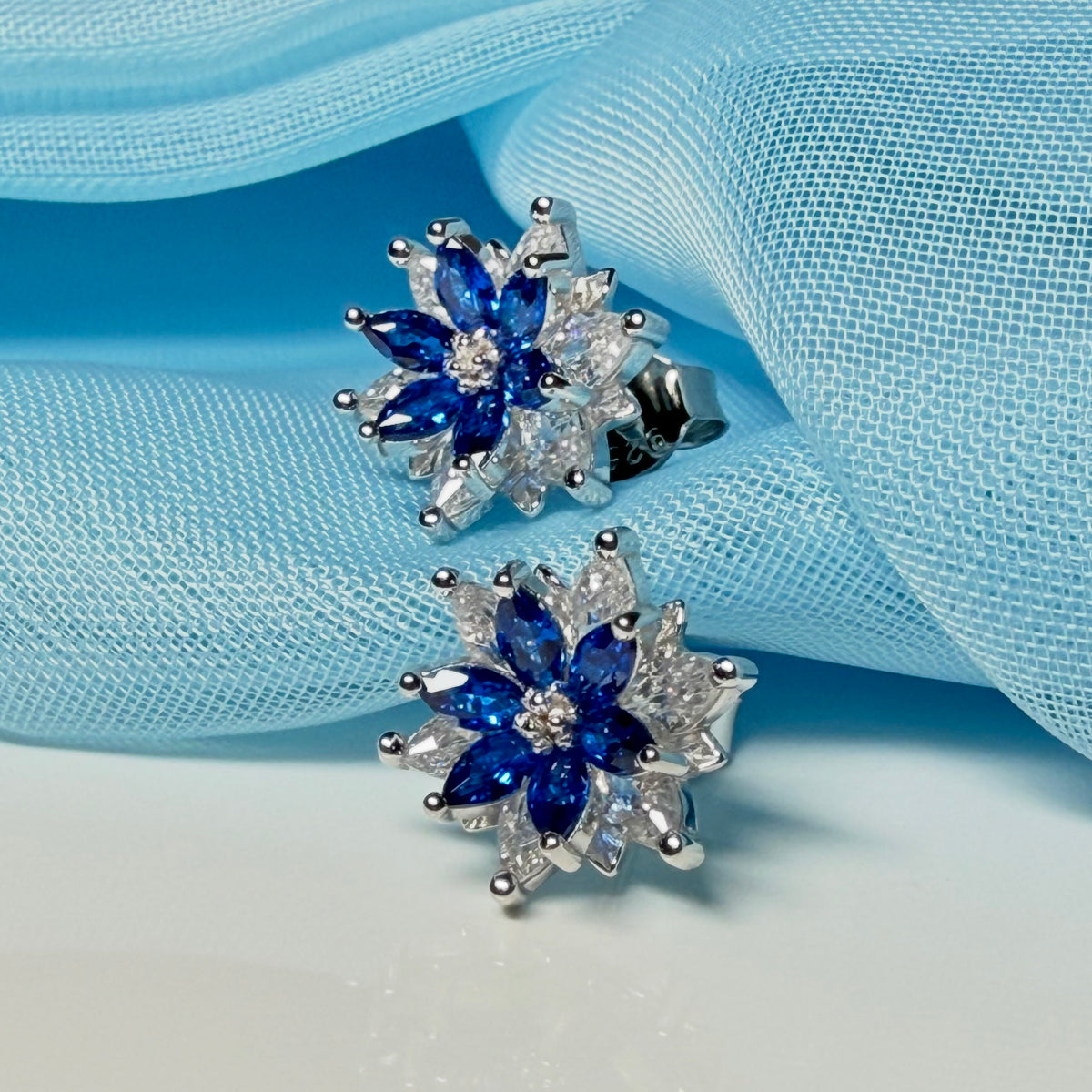 Blue round marquise cluster earrings cubic zirconia sterling silver