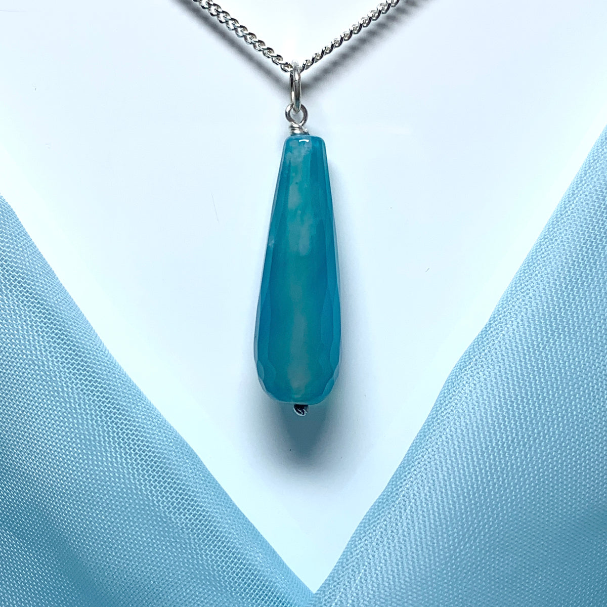 Blue agate shaped teardrop necklace pendent sterling silver bomber