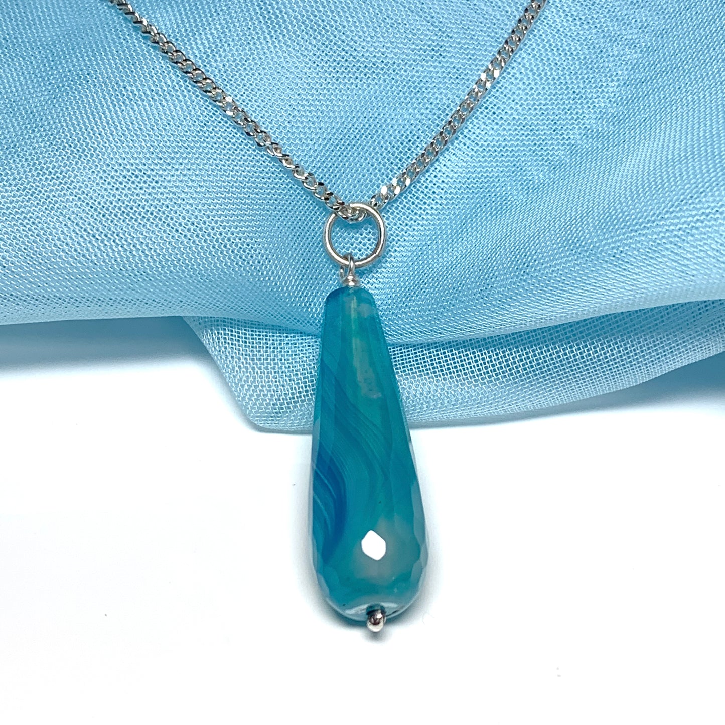 Blue agate shaped teardrop necklace pendent sterling silver bomber