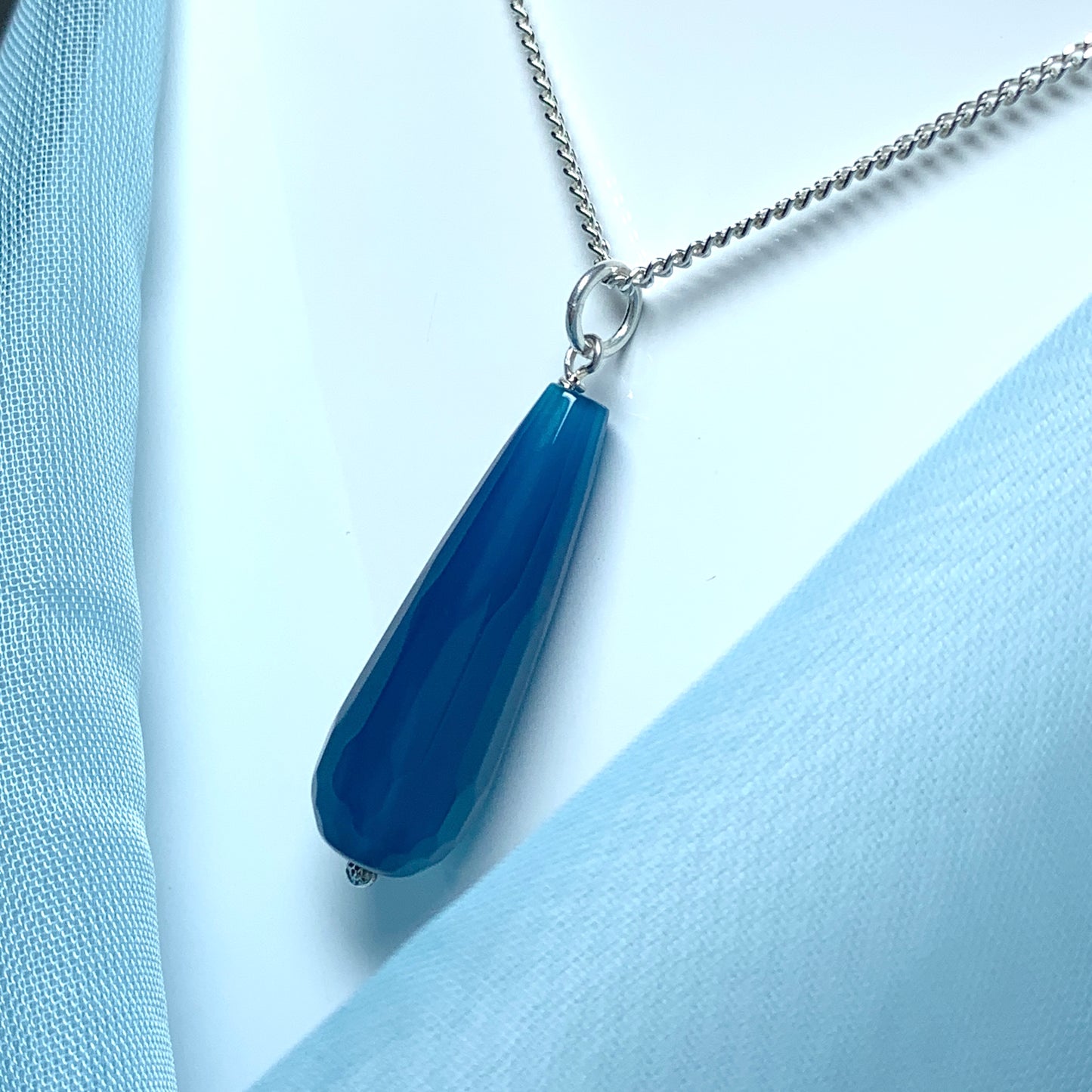Blue agate tear drop necklace pendent sterling silver