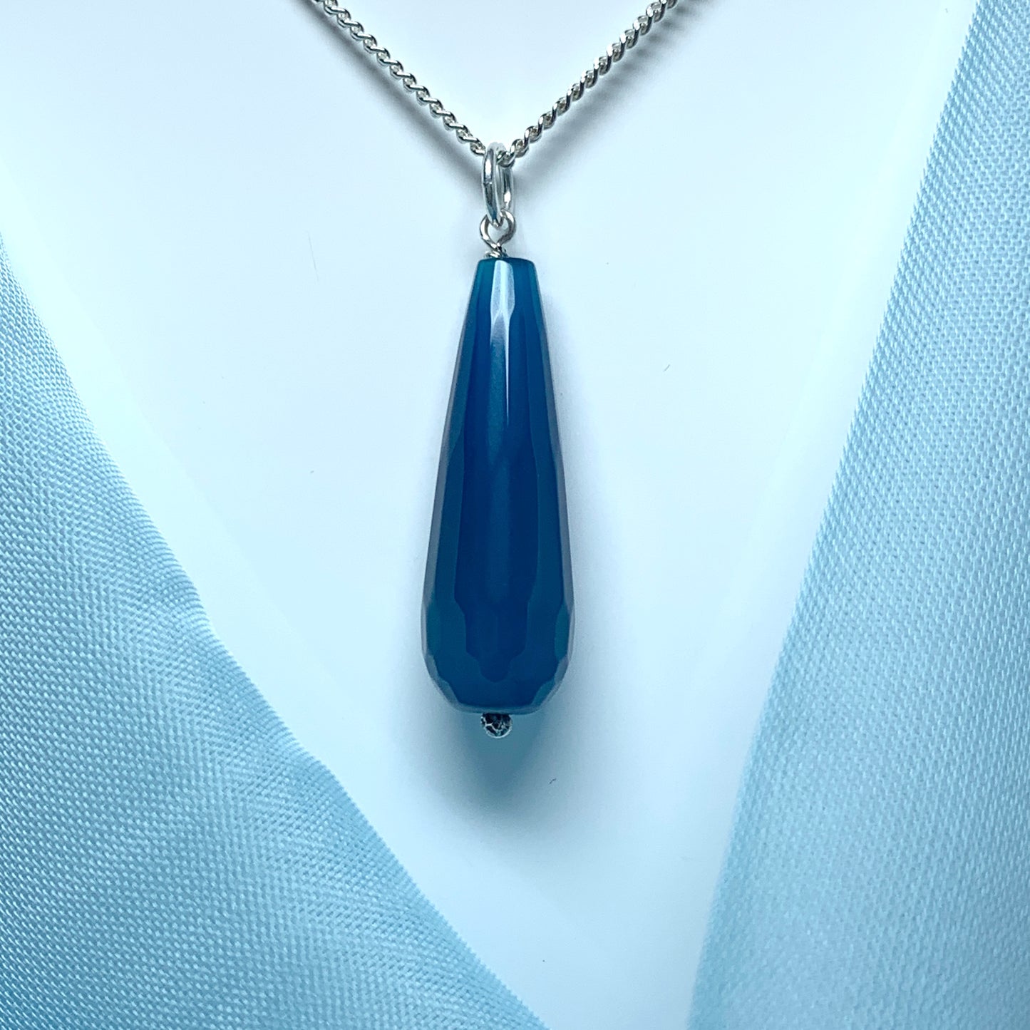 Blue agate tear drop necklace pendent sterling silver