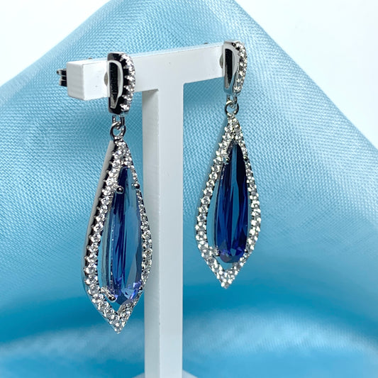 Blue pear shaped cubic zirconia silver cluster long drop earrings