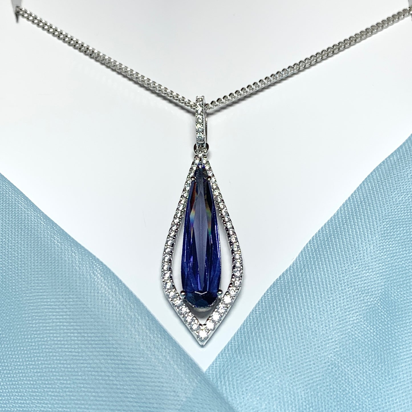 Blue long drop necklace pear shaped cubic zirconia silver cluster pendant