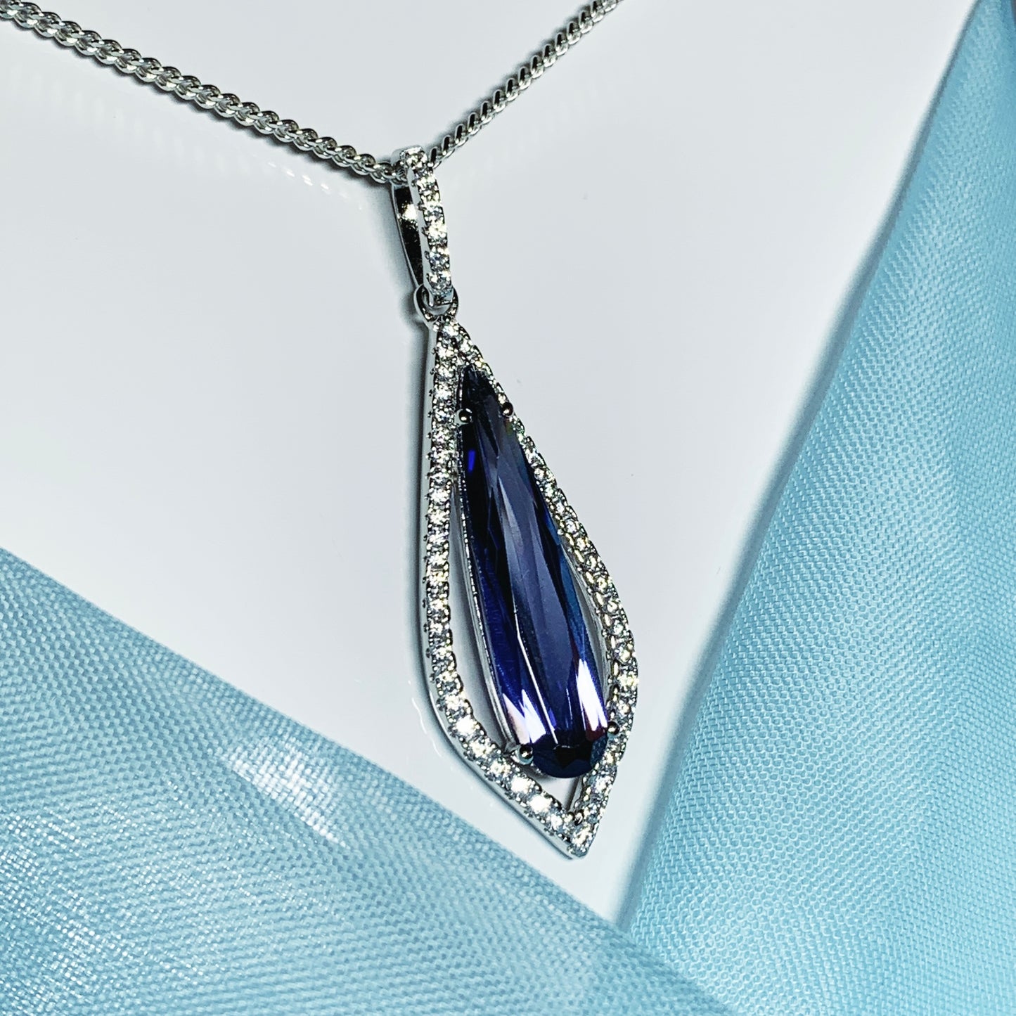 Blue long drop necklace pear shaped cubic zirconia silver cluster pendant