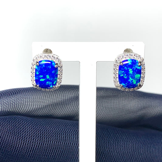 Blue opal earrings stud square sterling silver cubic zirconia