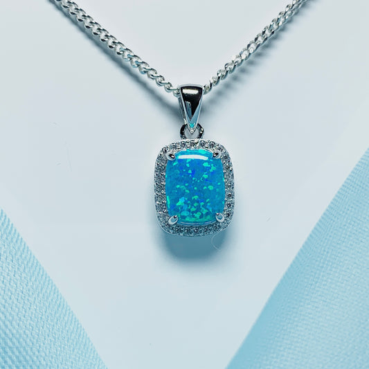 Blue opal necklace square sterling silver and cubic zirconia pendant