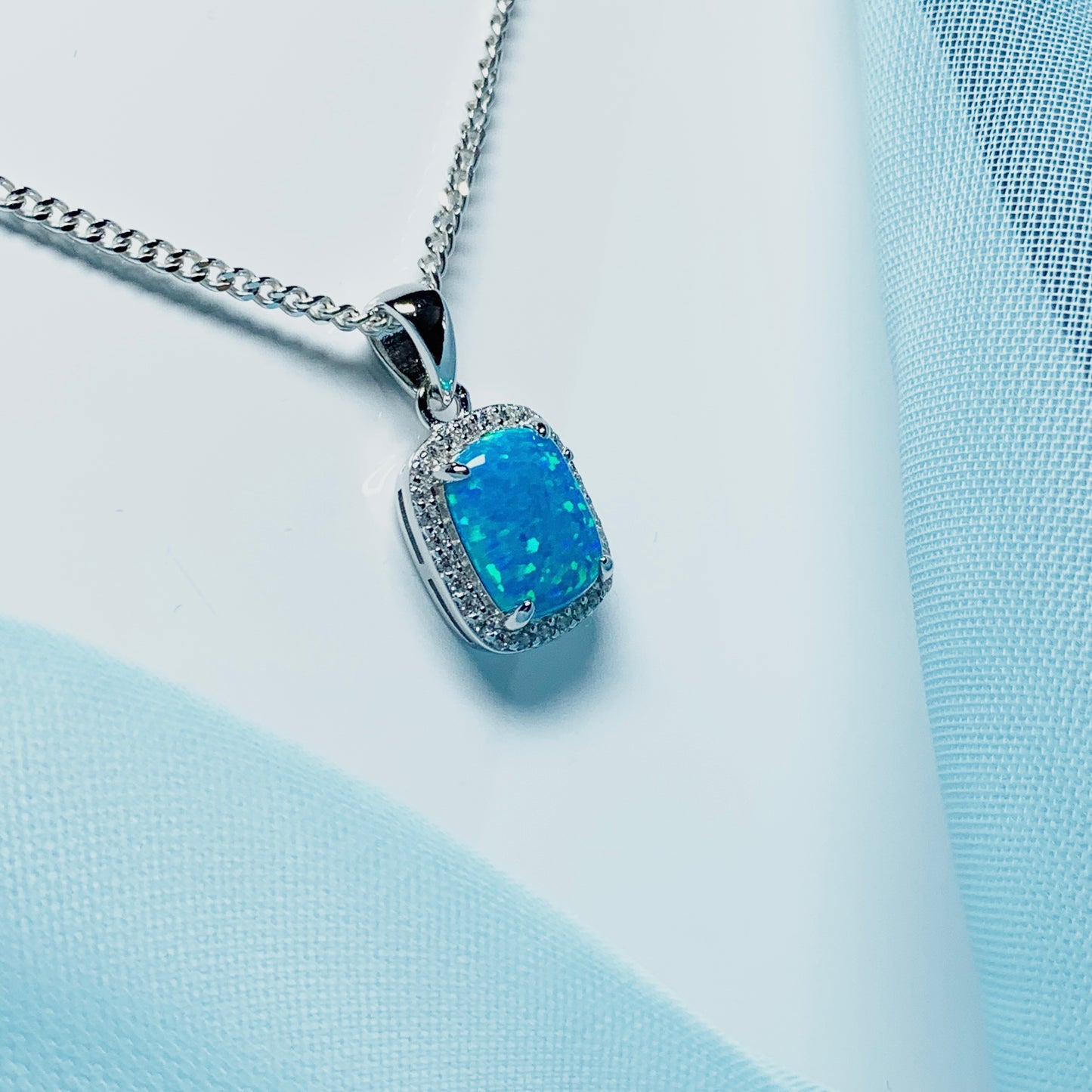 Blue opal necklace square sterling silver and cubic zirconia pendant
