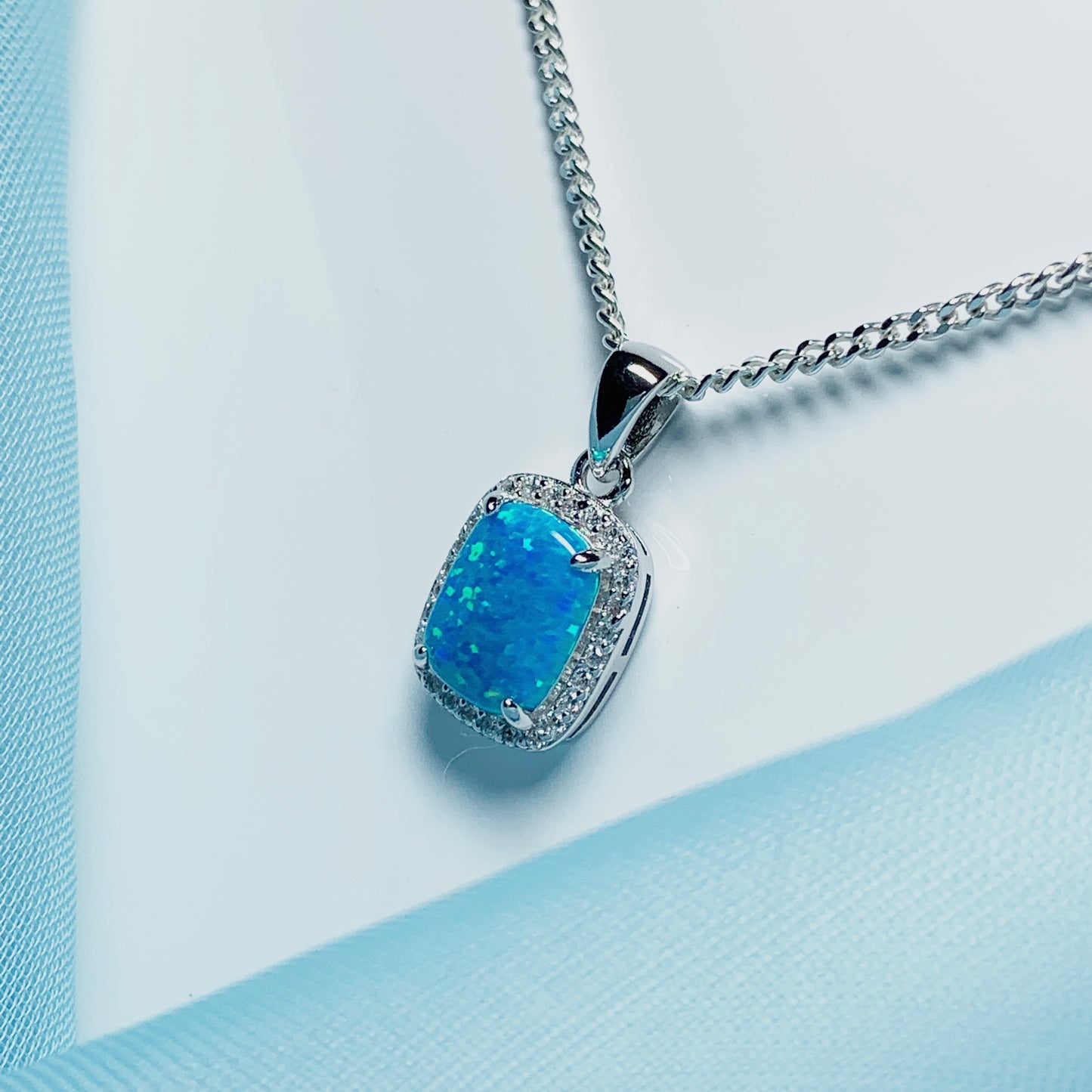 Blue opal necklace square sterling silver and cubic zirconia pendant