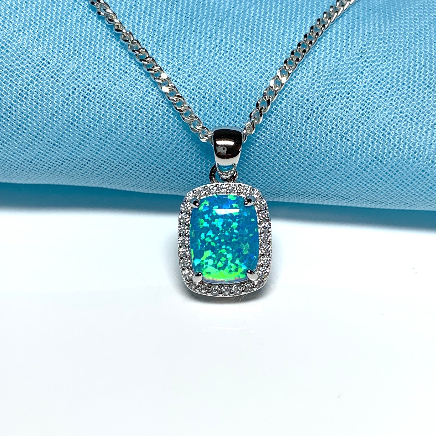 Blue opal necklace square sterling silver and cubic zirconia pendant