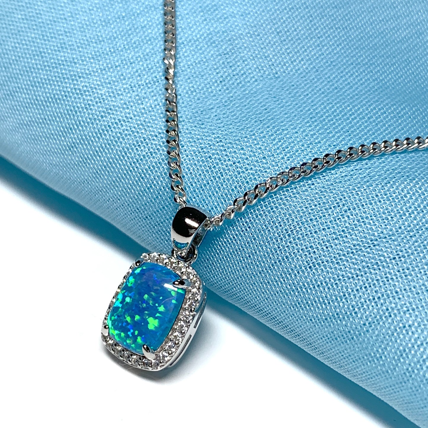 Blue opal necklace square sterling silver and cubic zirconia pendant