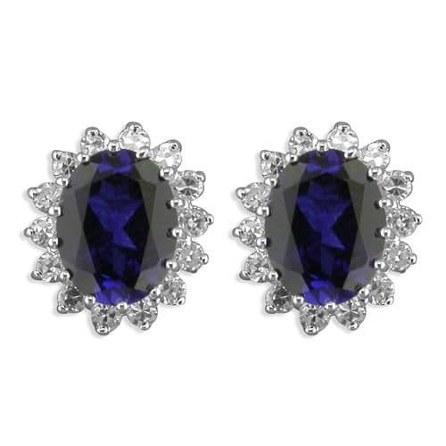 Blue oval cubic zirconia silver cluster stud earrings