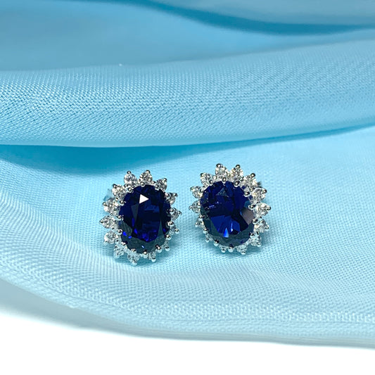 Blue oval cubic zirconia silver cluster stud earrings