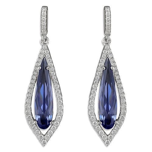 Blue pear shaped cubic zirconia silver cluster long drop earrings