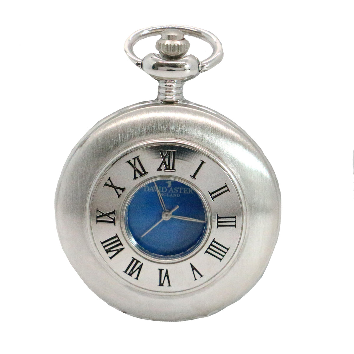 Blue Quartz Chrome Plated Plain Pocket Watch With Chain David Aster