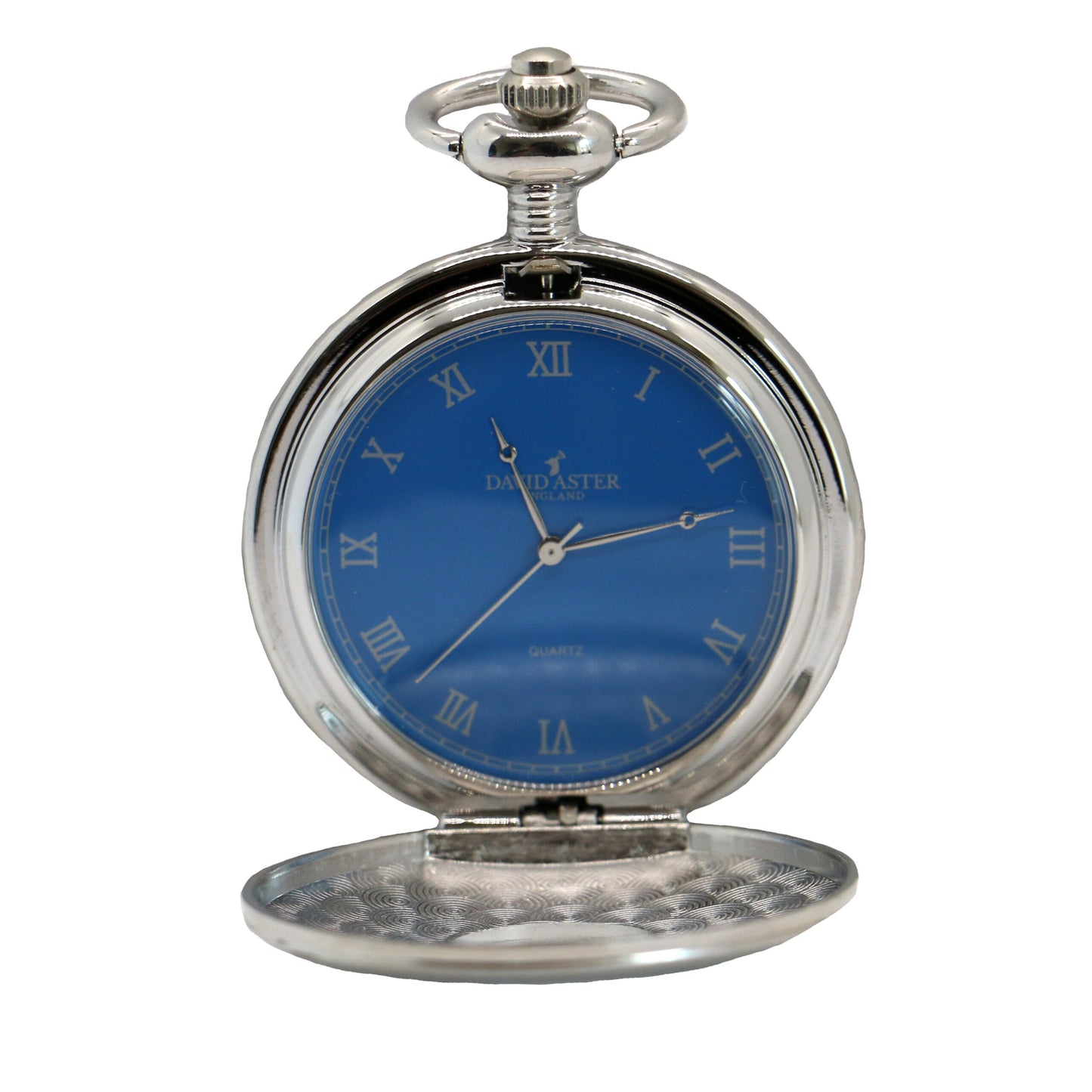 Blue Quartz Chrome Plated Plain Pocket Watch With Chain David Aster